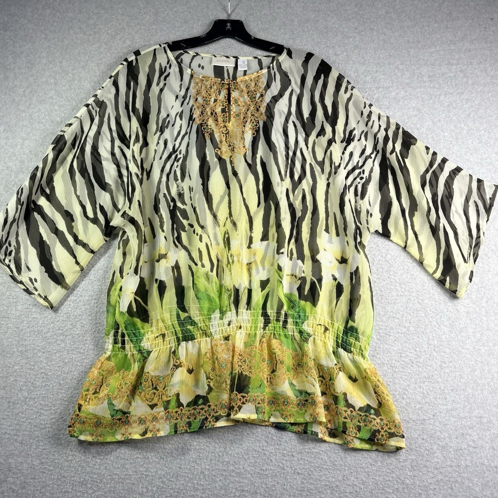 Chicos 3 Top Women's XL Animal Floral Sheer Blouse Bat Wing Zebra